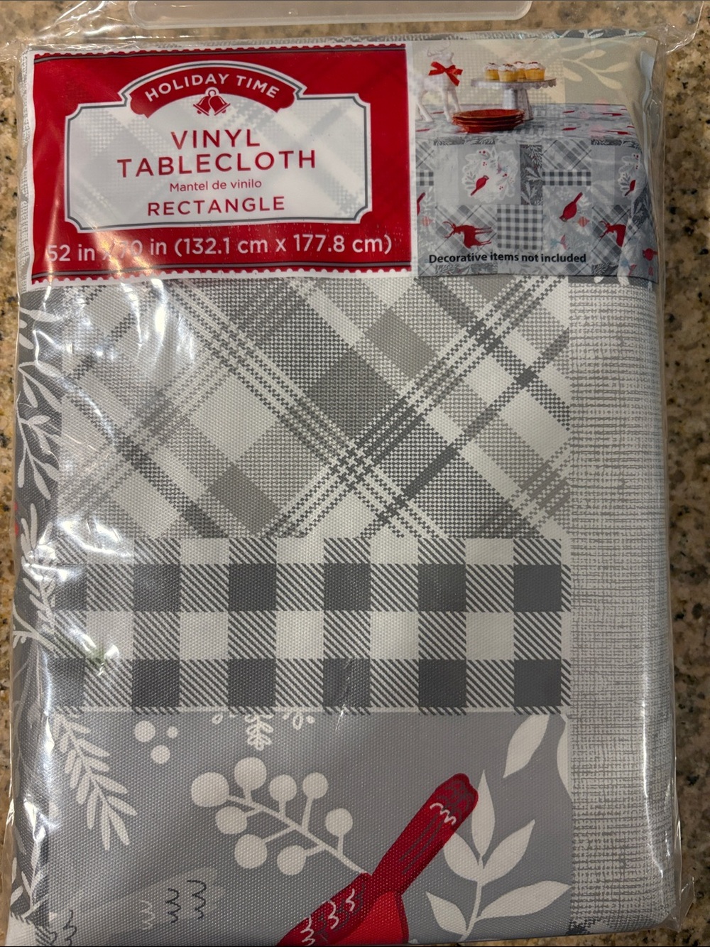Holiday Time Gray and Red Vinyl Tablecloth - Plaid & Cardinal Design 52x70in